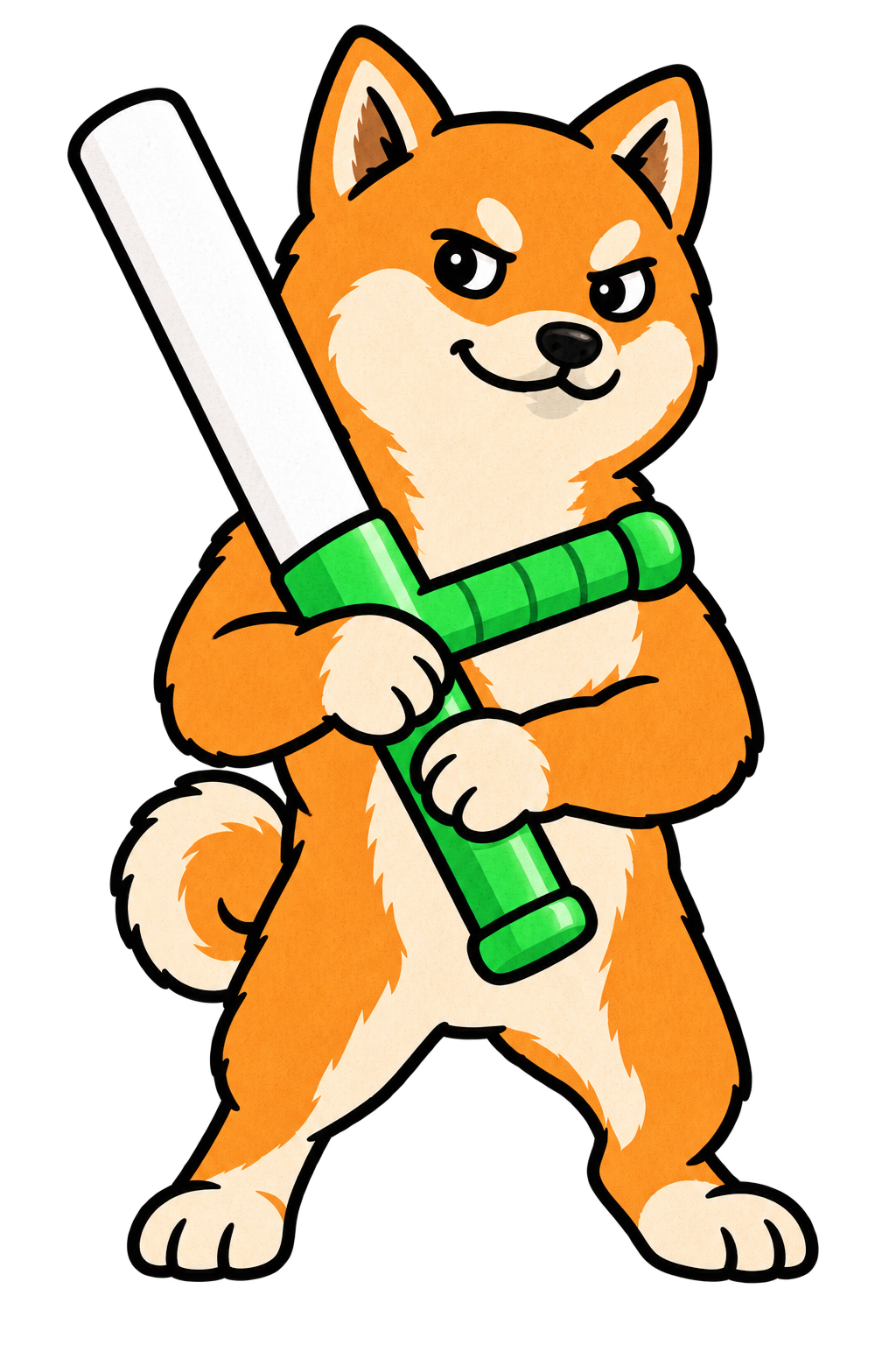 Drawn Shiba Inu mascot gripping a white and green baton